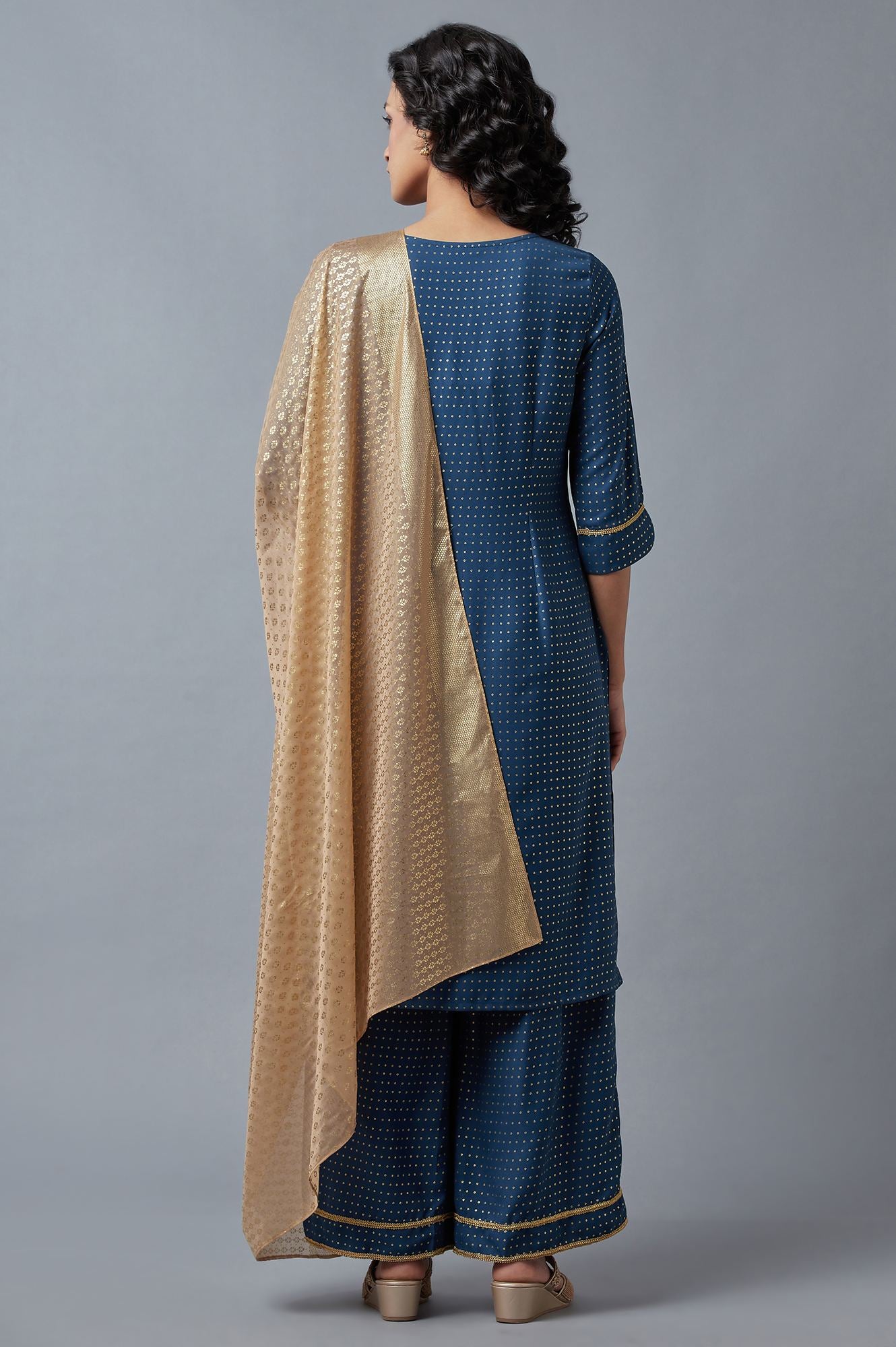 Blue Printed kurta, Green Palazzo and Dupatta Set