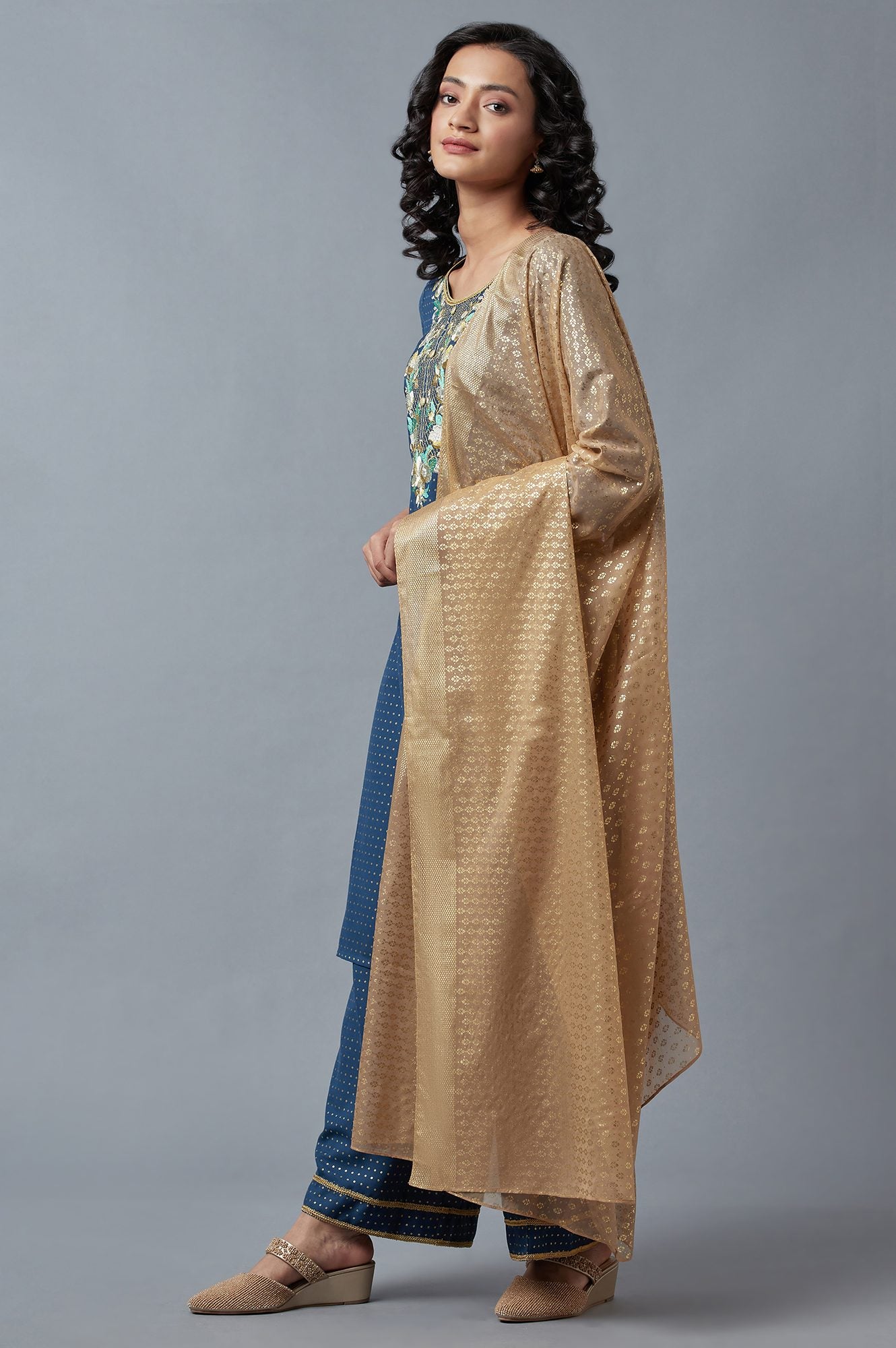 Blue Printed kurta, Green Palazzo and Dupatta Set