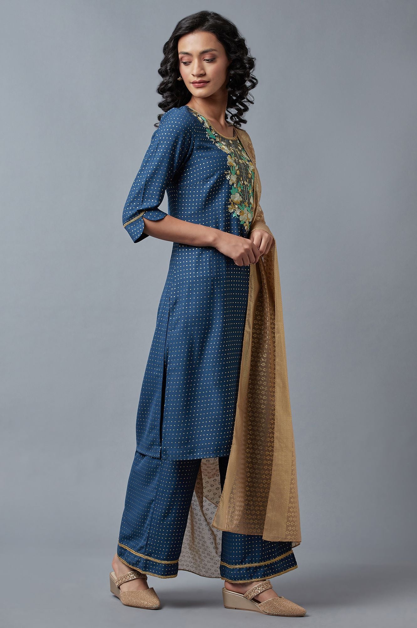 Blue Printed kurta, Green Palazzo and Dupatta Set