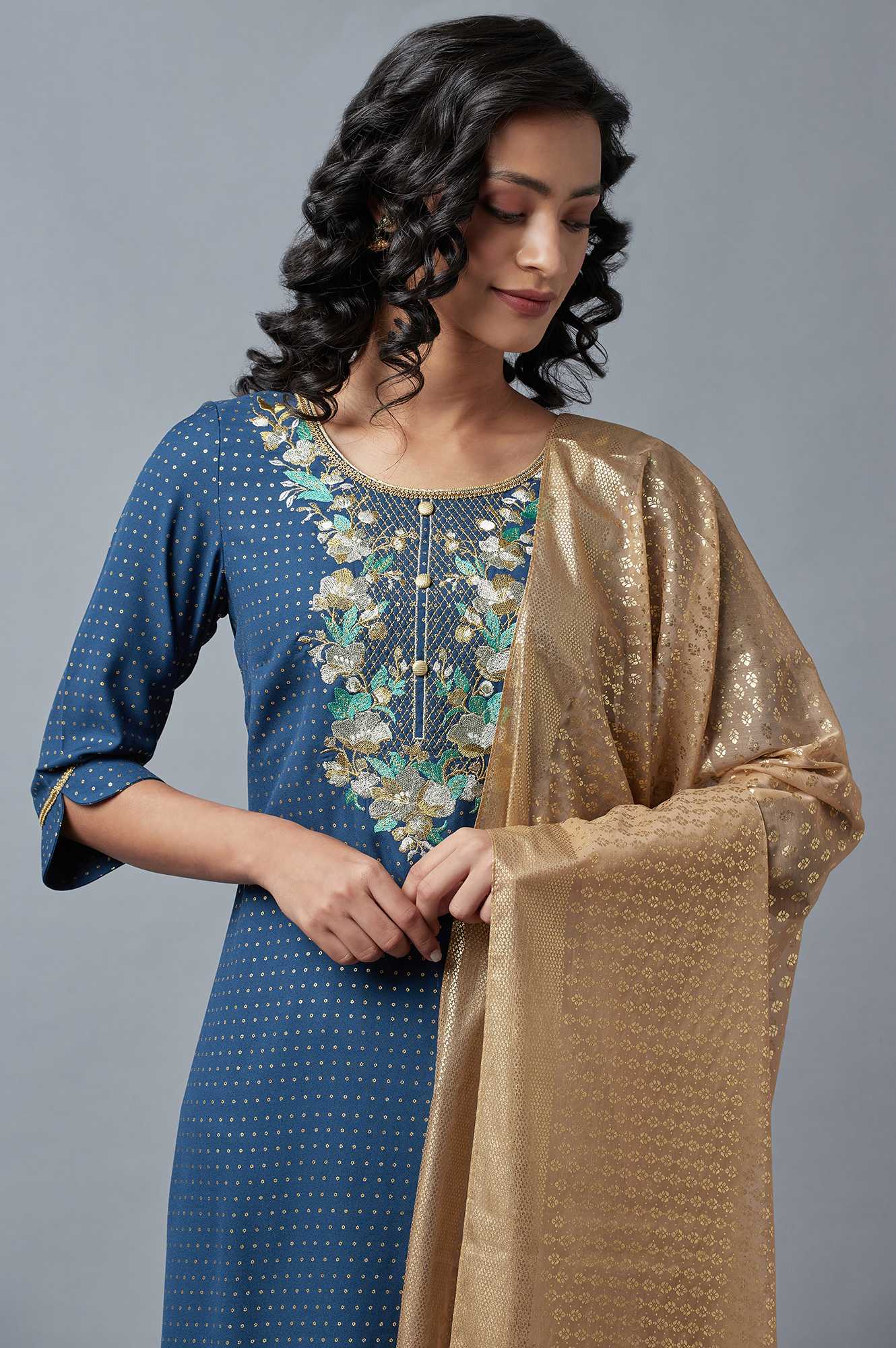 Blue Printed kurta, Green Palazzo and Dupatta Set