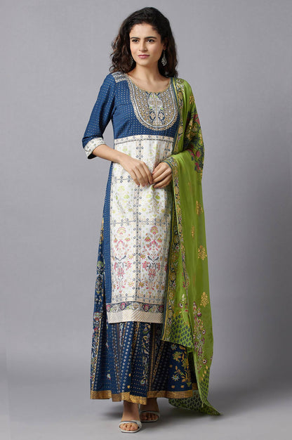 Blue Printed kurta, Skirt and Dupatta Set