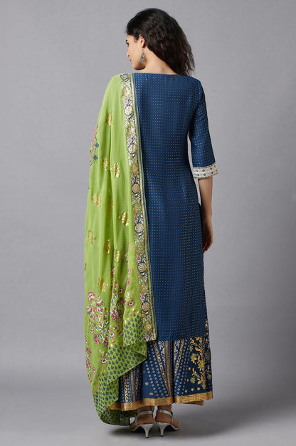 Blue Printed kurta, Skirt and Dupatta Set