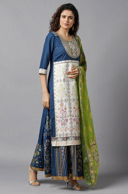 Blue Printed kurta, Skirt and Dupatta Set