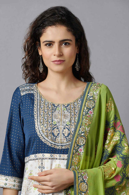 Blue Printed kurta, Skirt and Dupatta Set