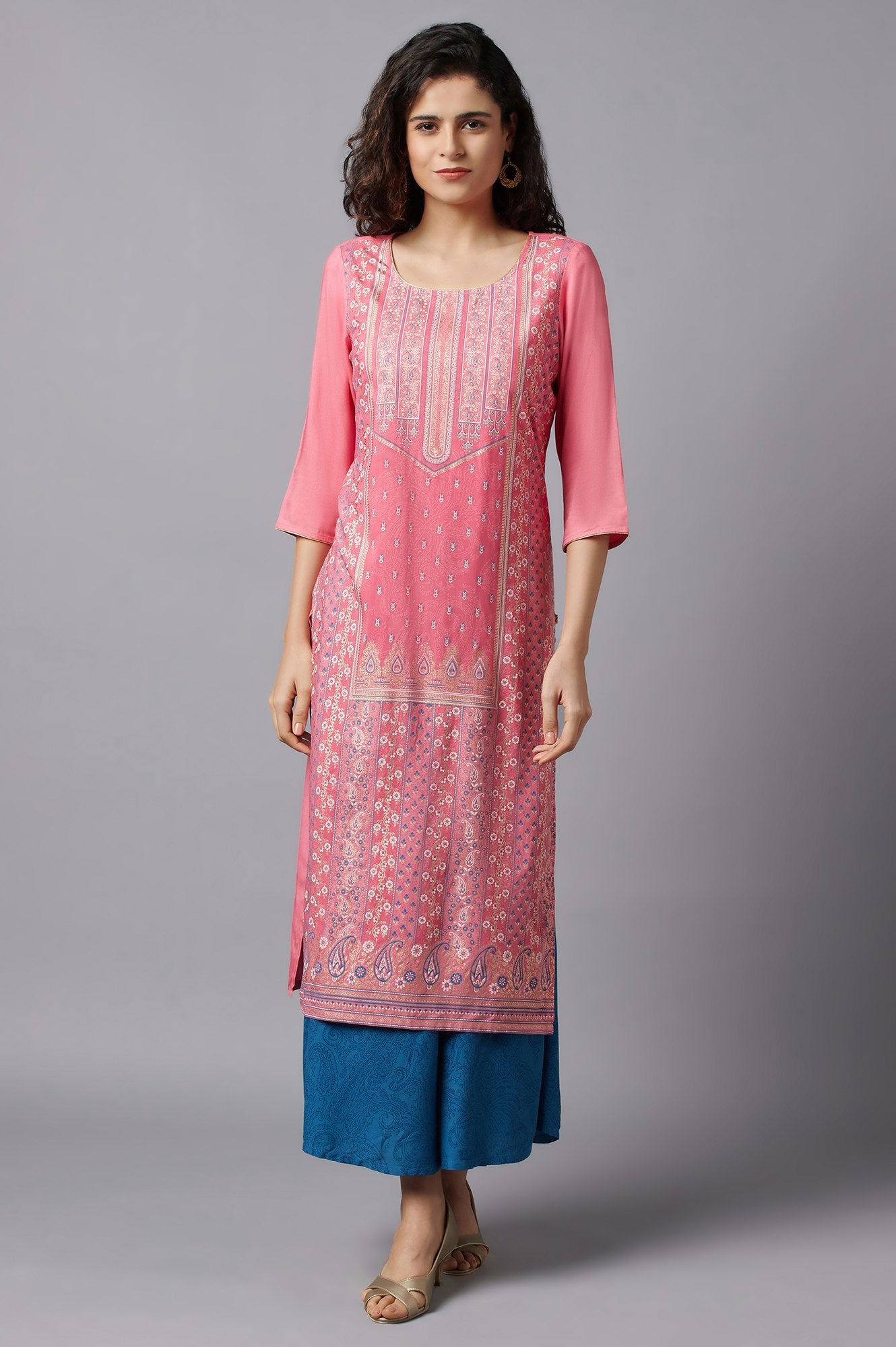 Pink kurta and Blue Culottes Set