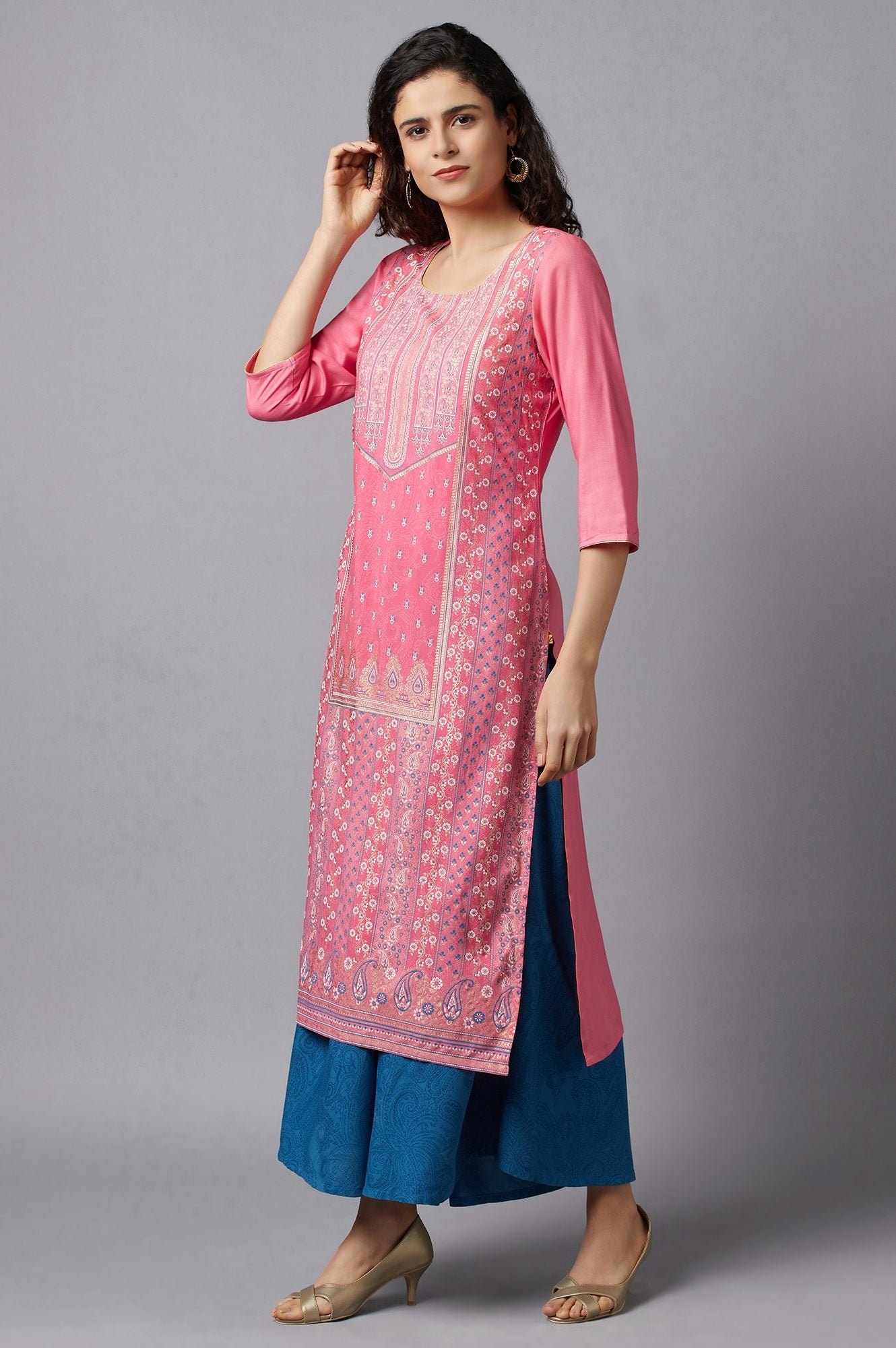 Pink kurta and Blue Culottes Set