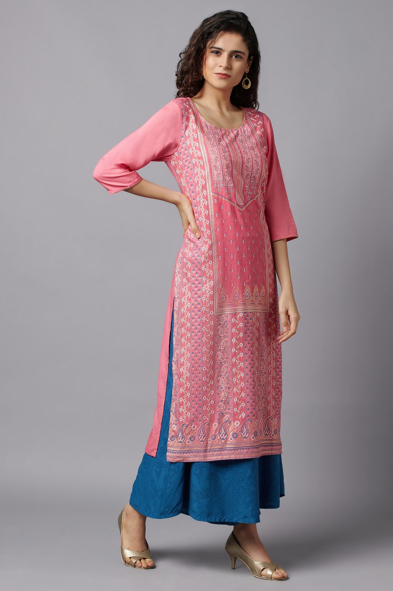 Pink kurta and Blue Culottes Set