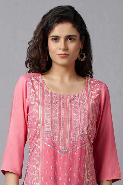 Pink kurta and Blue Culottes Set