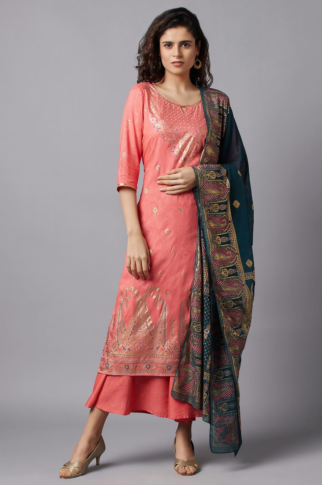 Peach Printed kurta Culottes and Dupatta Set