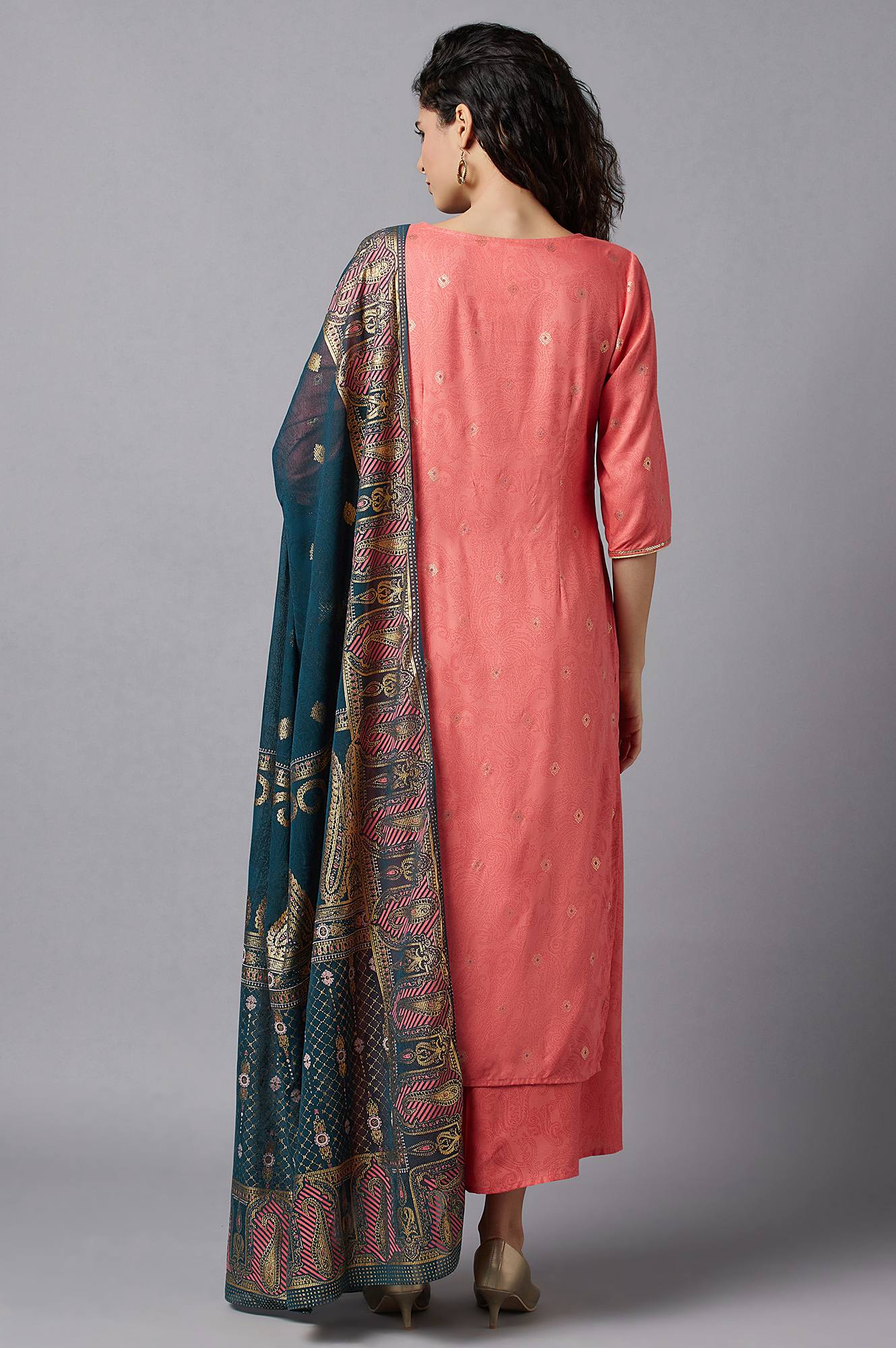 Peach Printed kurta Culottes and Dupatta Set