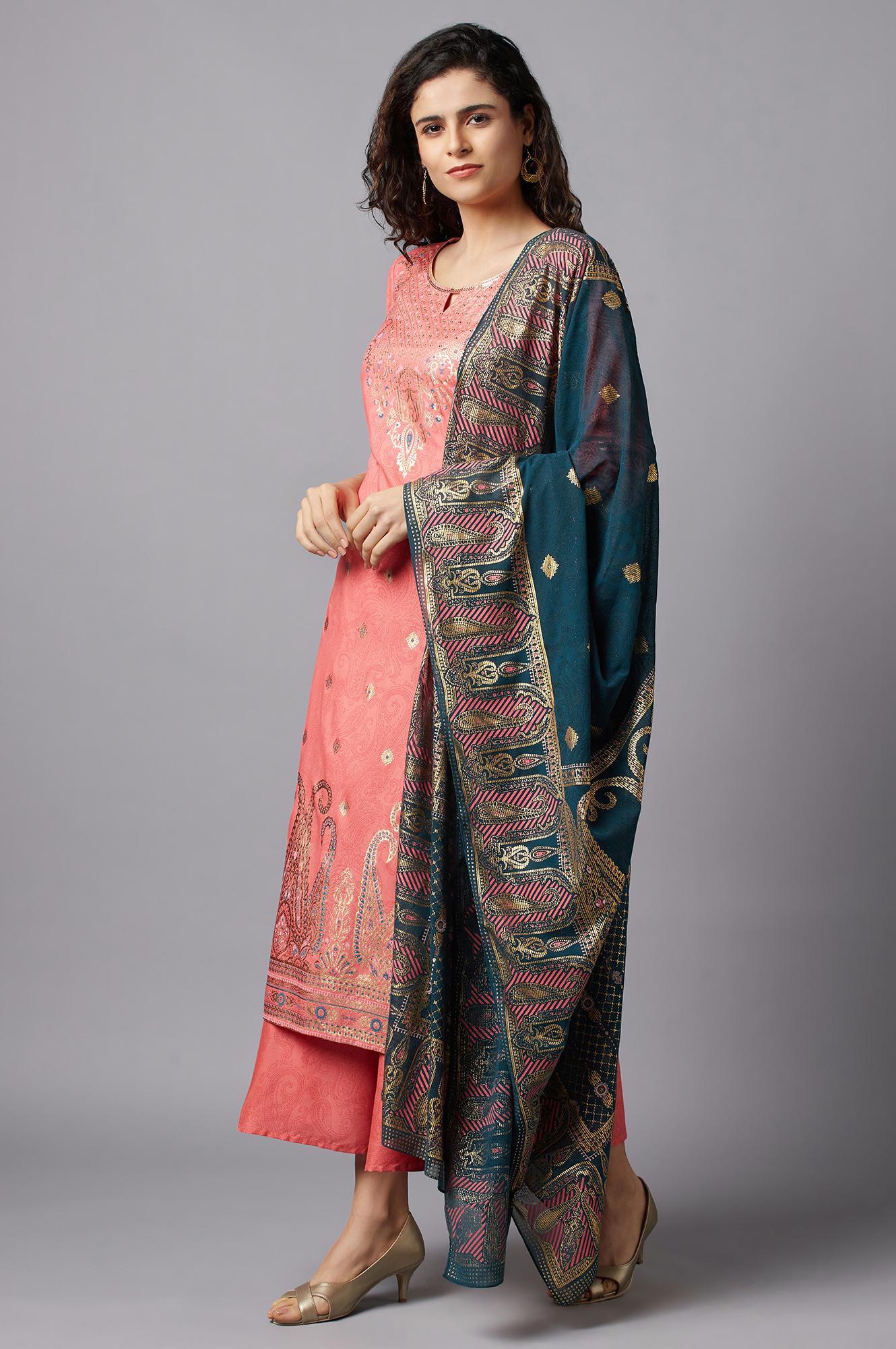 Peach Printed kurta Culottes and Dupatta Set