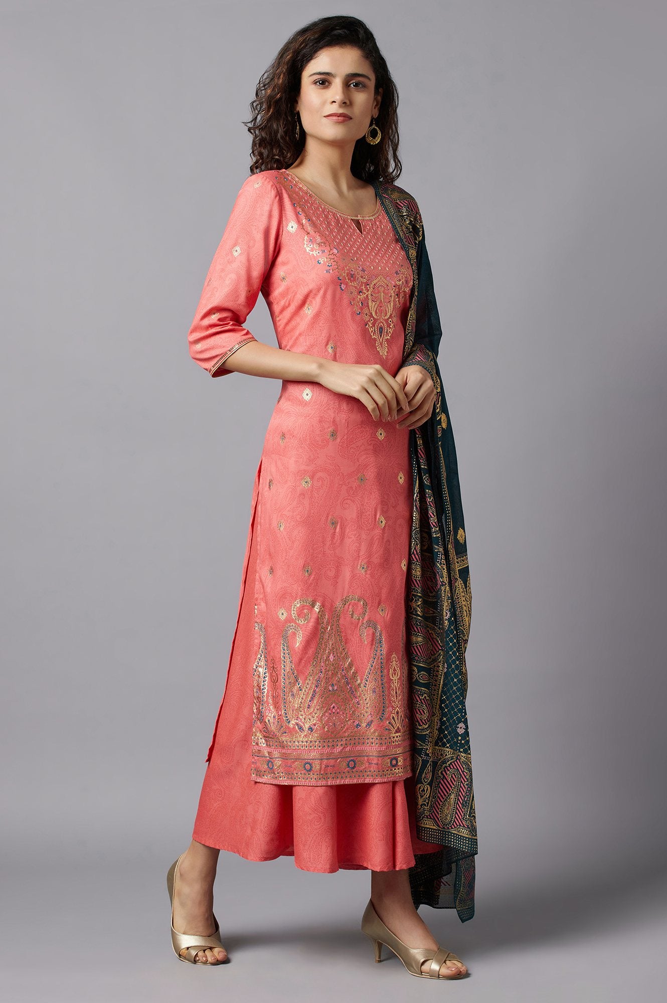 Peach Printed kurta Culottes and Dupatta Set