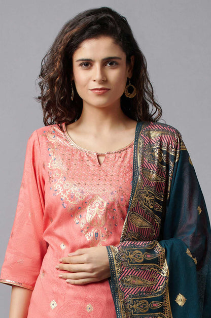 Peach Printed kurta Culottes and Dupatta Set