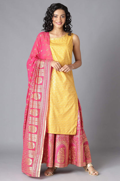 Yellow One Shoulder kurta, Pink Skirt and Dupatta Set