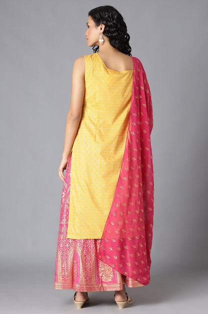 Yellow One Shoulder kurta, Pink Skirt and Dupatta Set