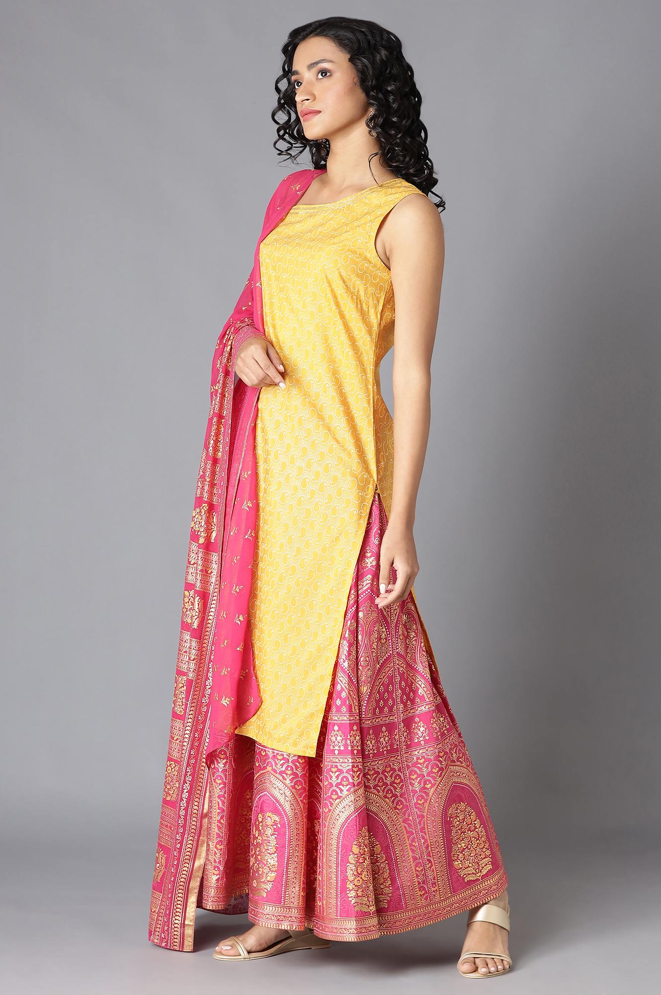 Yellow One Shoulder kurta, Pink Skirt and Dupatta Set