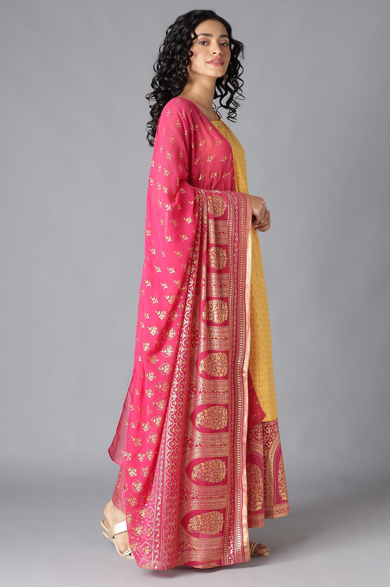 Yellow One Shoulder kurta, Pink Skirt and Dupatta Set