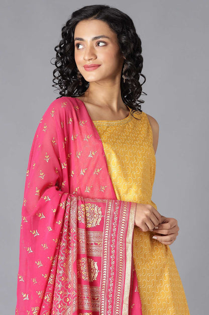 Yellow One Shoulder kurta, Pink Skirt and Dupatta Set