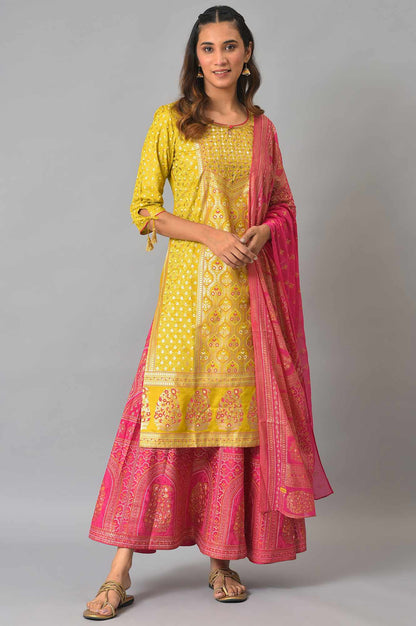 Yellow Hand Work kurta, Pink Skirt And Dupatta Set