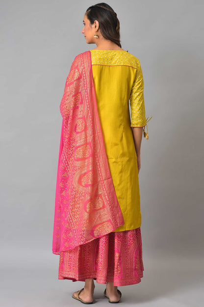 Yellow Hand Work kurta, Pink Skirt And Dupatta Set