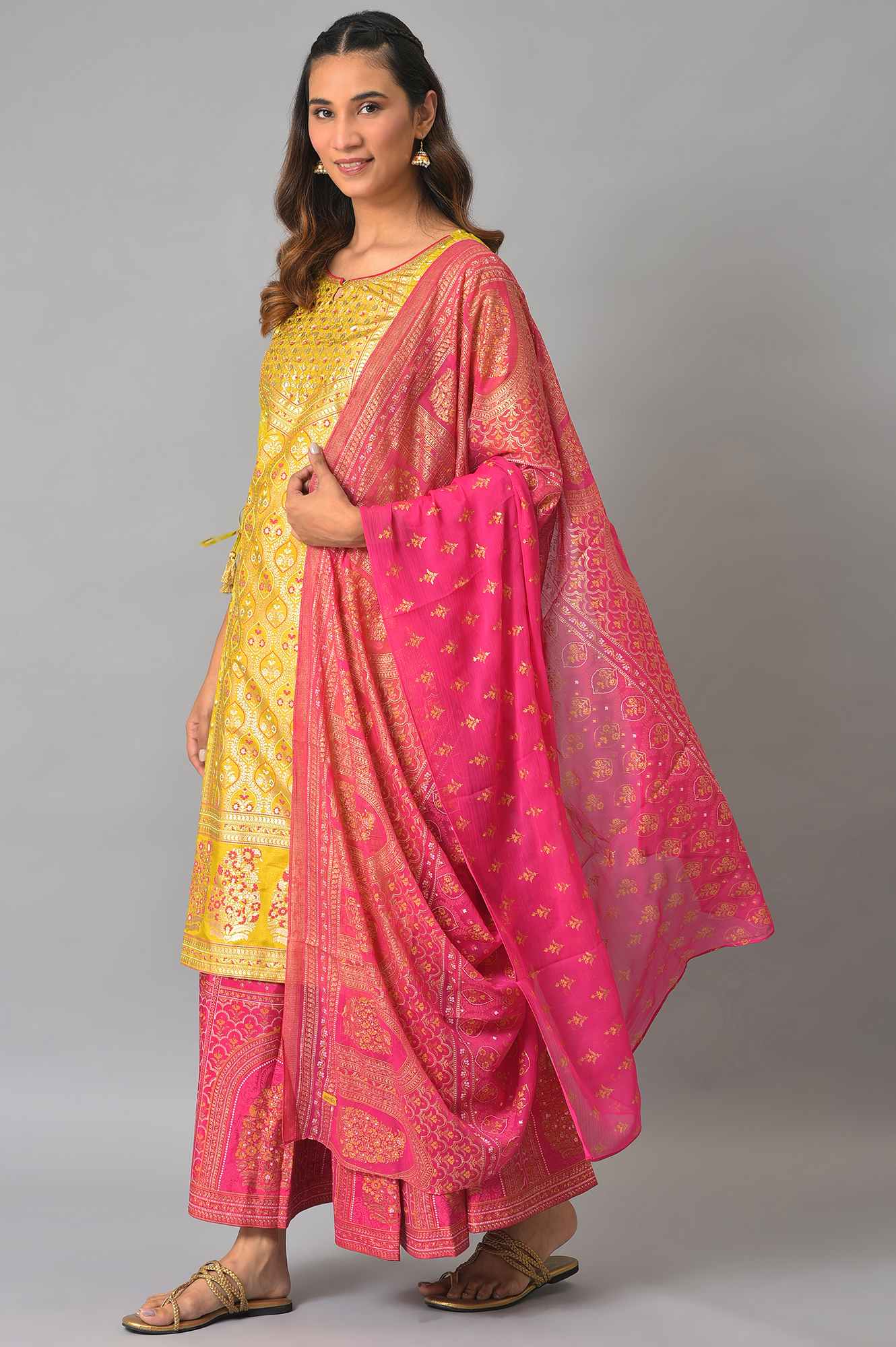 Yellow Hand Work kurta, Pink Skirt And Dupatta Set