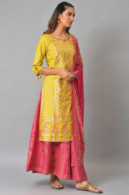 Yellow Hand Work kurta, Pink Skirt And Dupatta Set