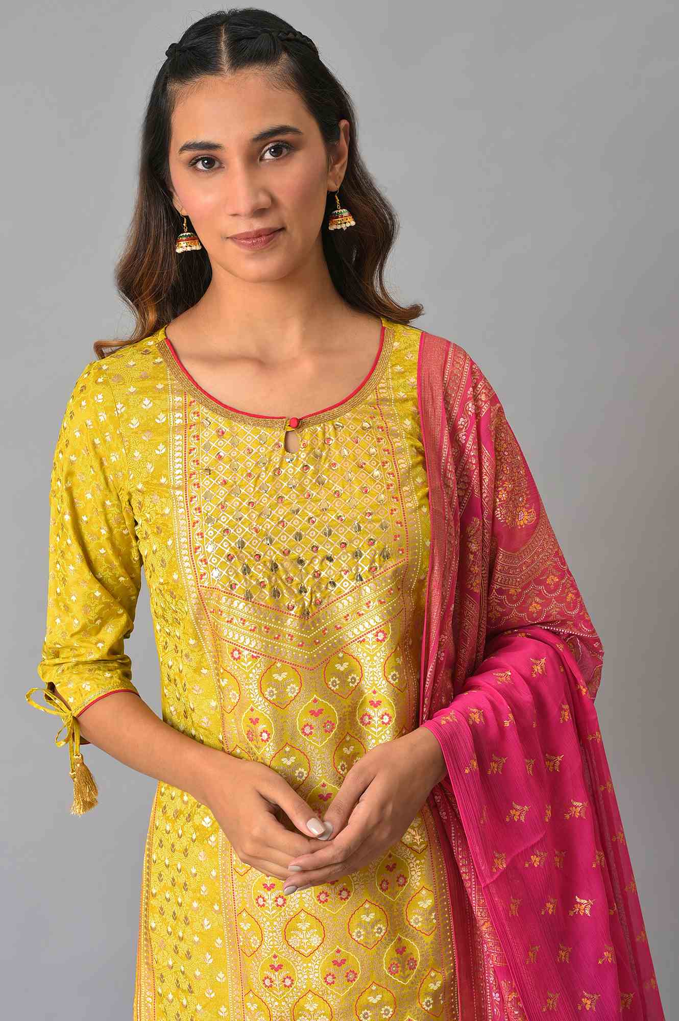 Yellow Hand Work kurta, Pink Skirt And Dupatta Set