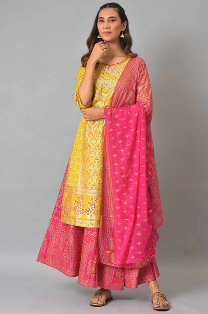 Yellow Hand Work kurta, Pink Skirt And Dupatta Set