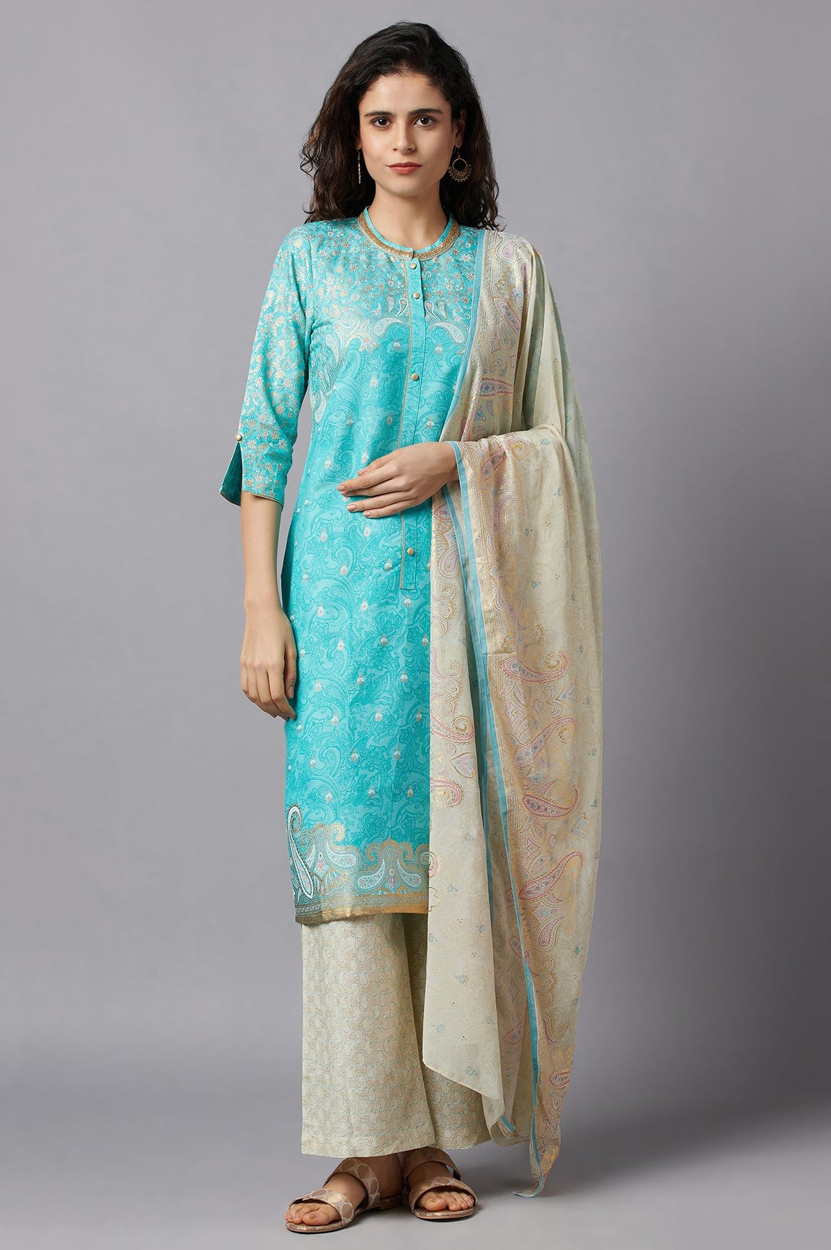 Blue Yarn-Dyed kurta White Flared Palazzo and Dupatta Set - XS