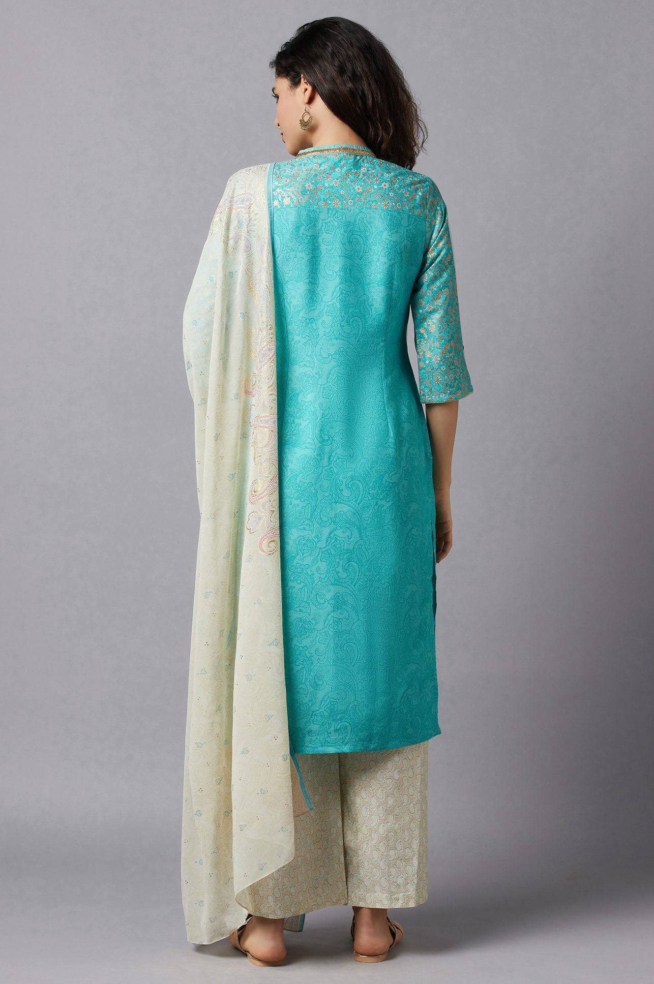 Blue Yarn-Dyed kurta White Flared Palazzo and Dupatta Set