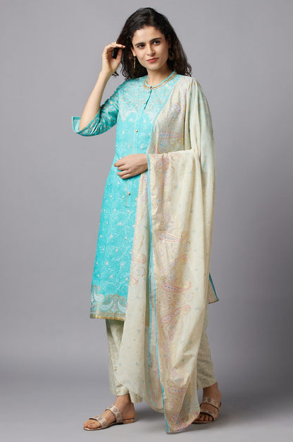 Blue Yarn-Dyed kurta White Flared Palazzo and Dupatta Set