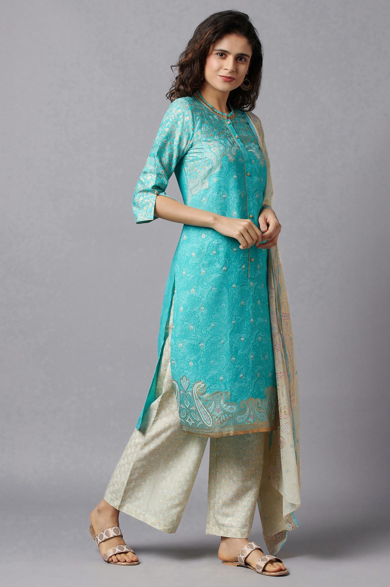 Blue Yarn-Dyed kurta White Flared Palazzo and Dupatta Set