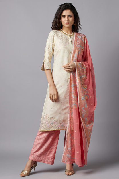 White Yarn-Dyed kurta Peach Flared Palazzo and Dupatta Set