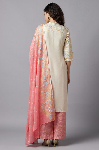 White Yarn-Dyed kurta Peach Flared Palazzo and Dupatta Set