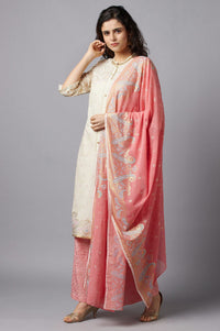 White Yarn-Dyed kurta Peach Flared Palazzo and Dupatta Set