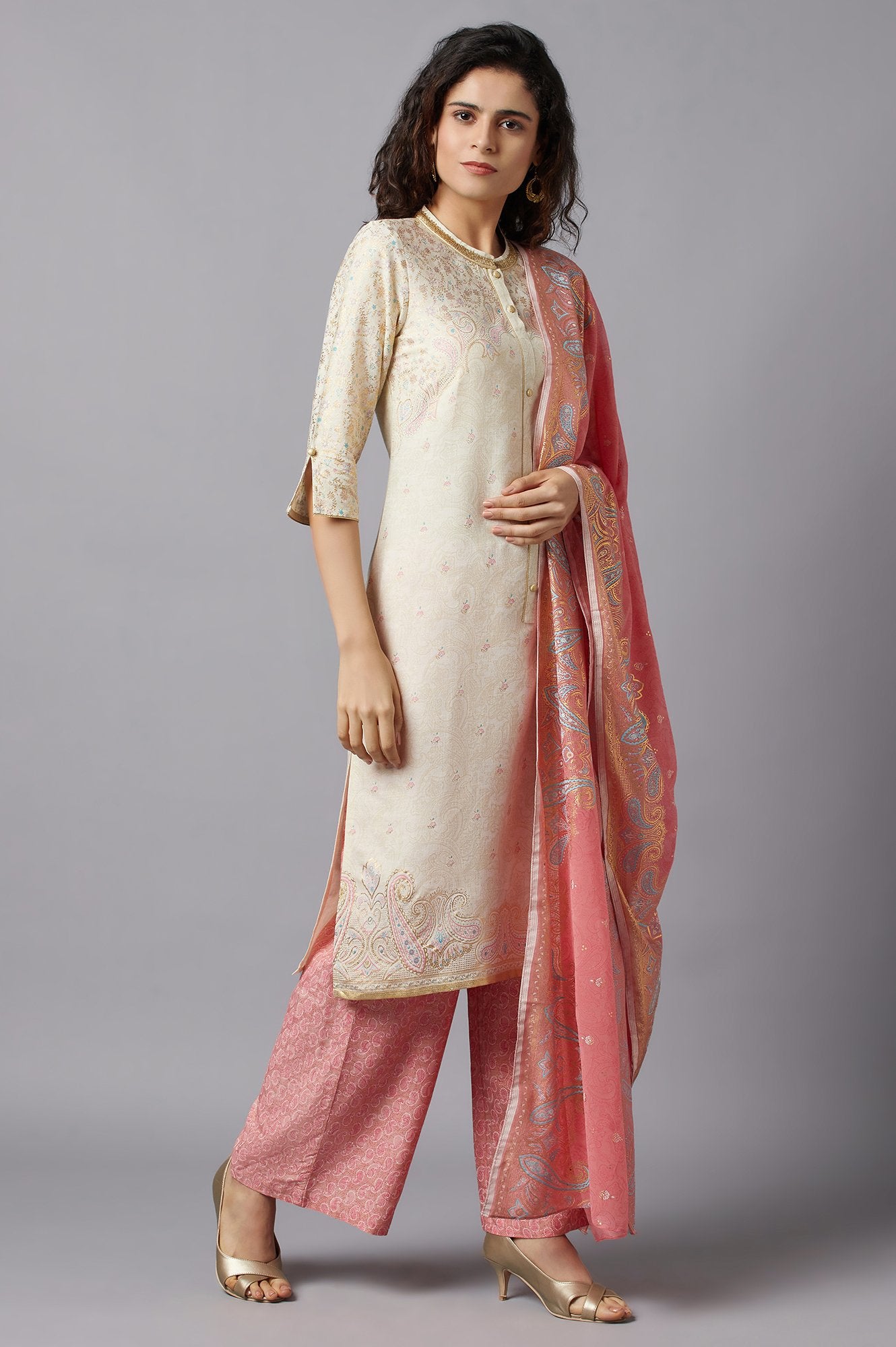 White Yarn-Dyed kurta Peach Flared Palazzo and Dupatta Set