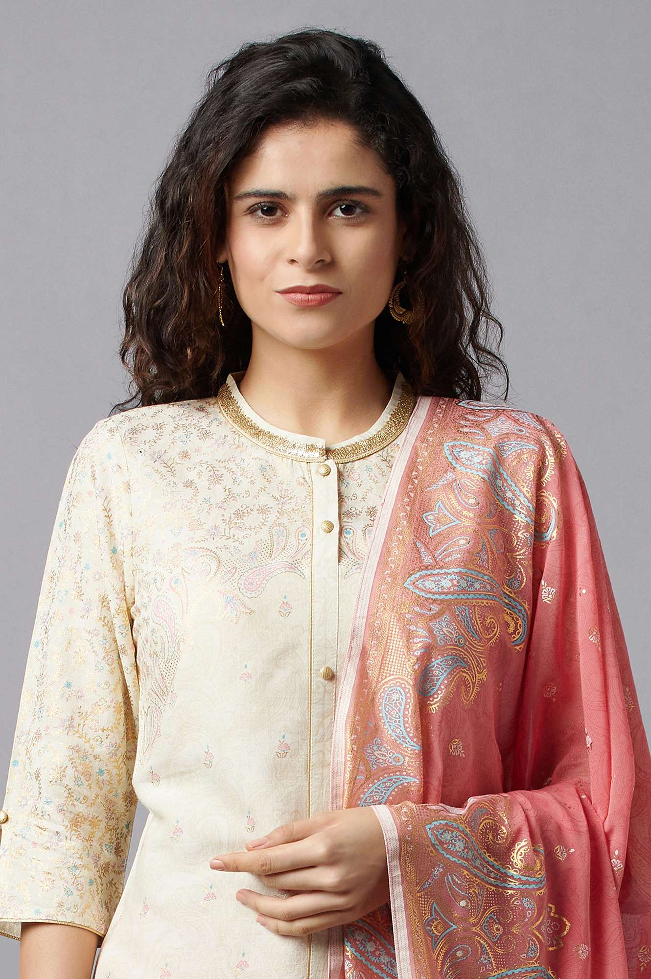 White Yarn-Dyed kurta Peach Flared Palazzo and Dupatta Set