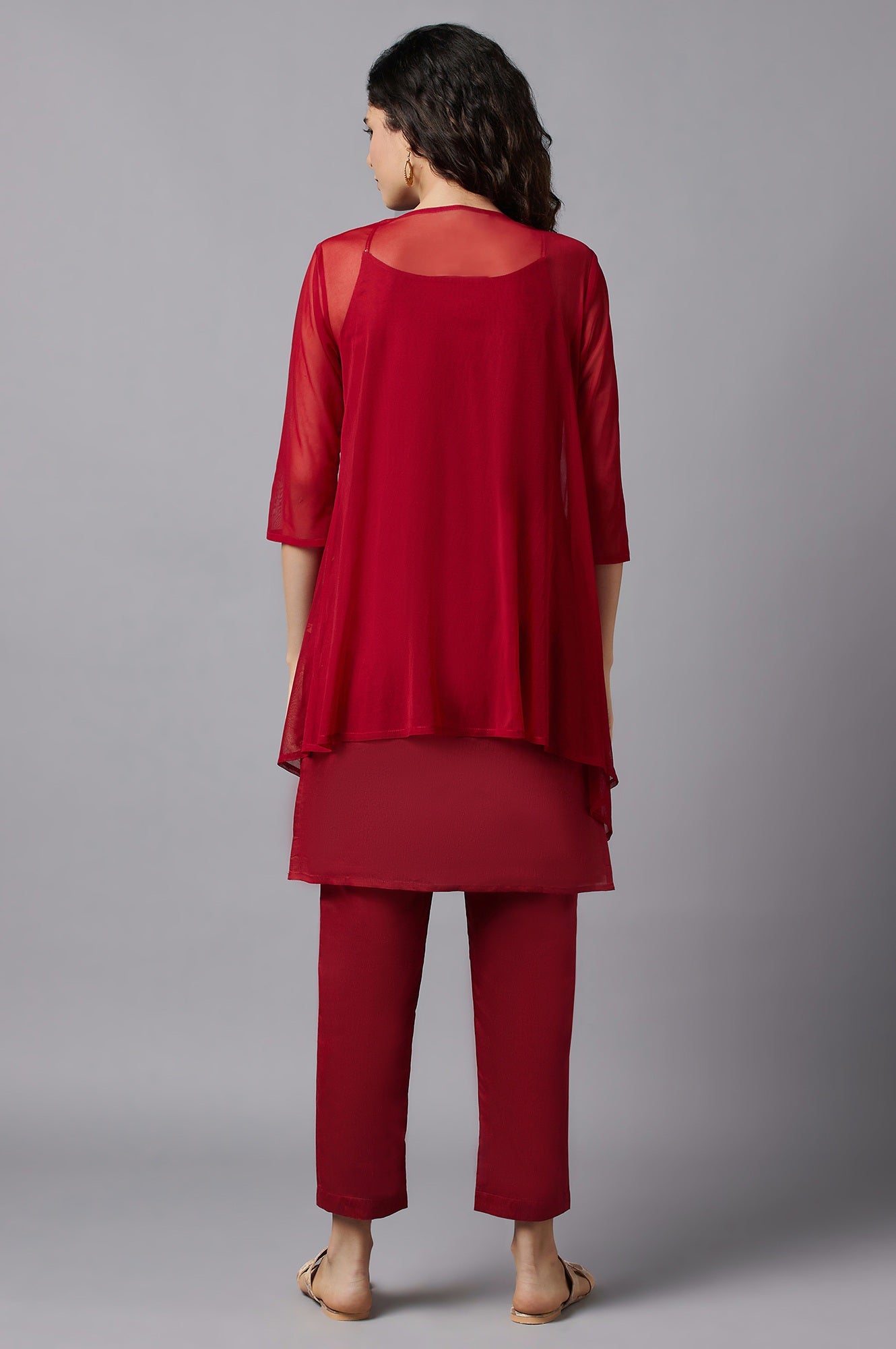 Red Gillet, kurta and Trousers Set