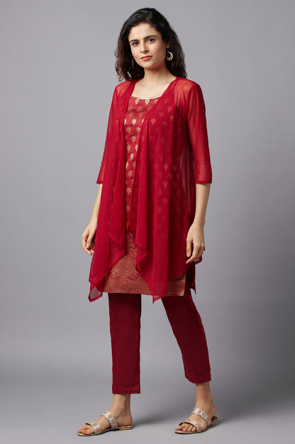 Red Gillet, kurta and Trousers Set