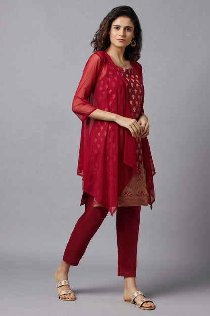 Red Gillet, kurta and Trousers Set