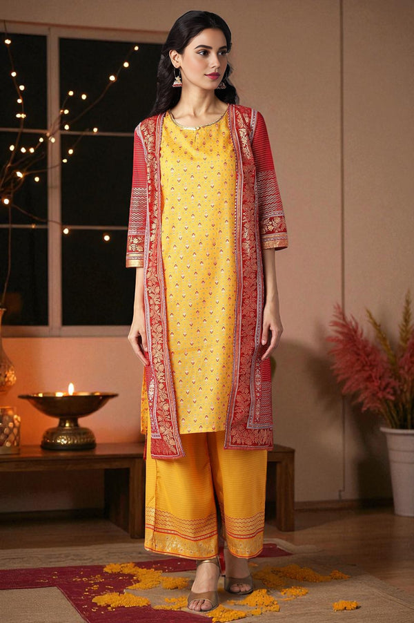 Red Gillet, Yellow kurta and Palazzo Set