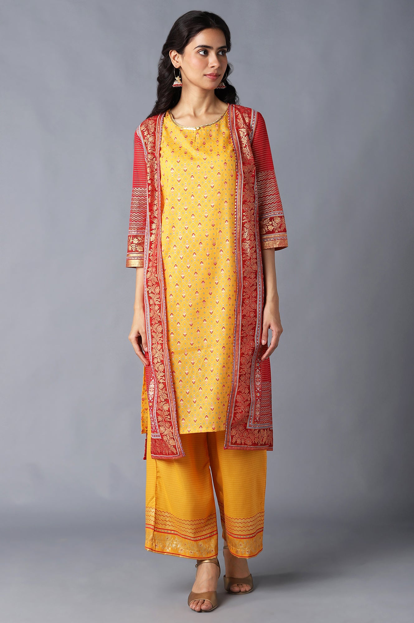 Red Gillet, Yellow kurta and Palazzo Set