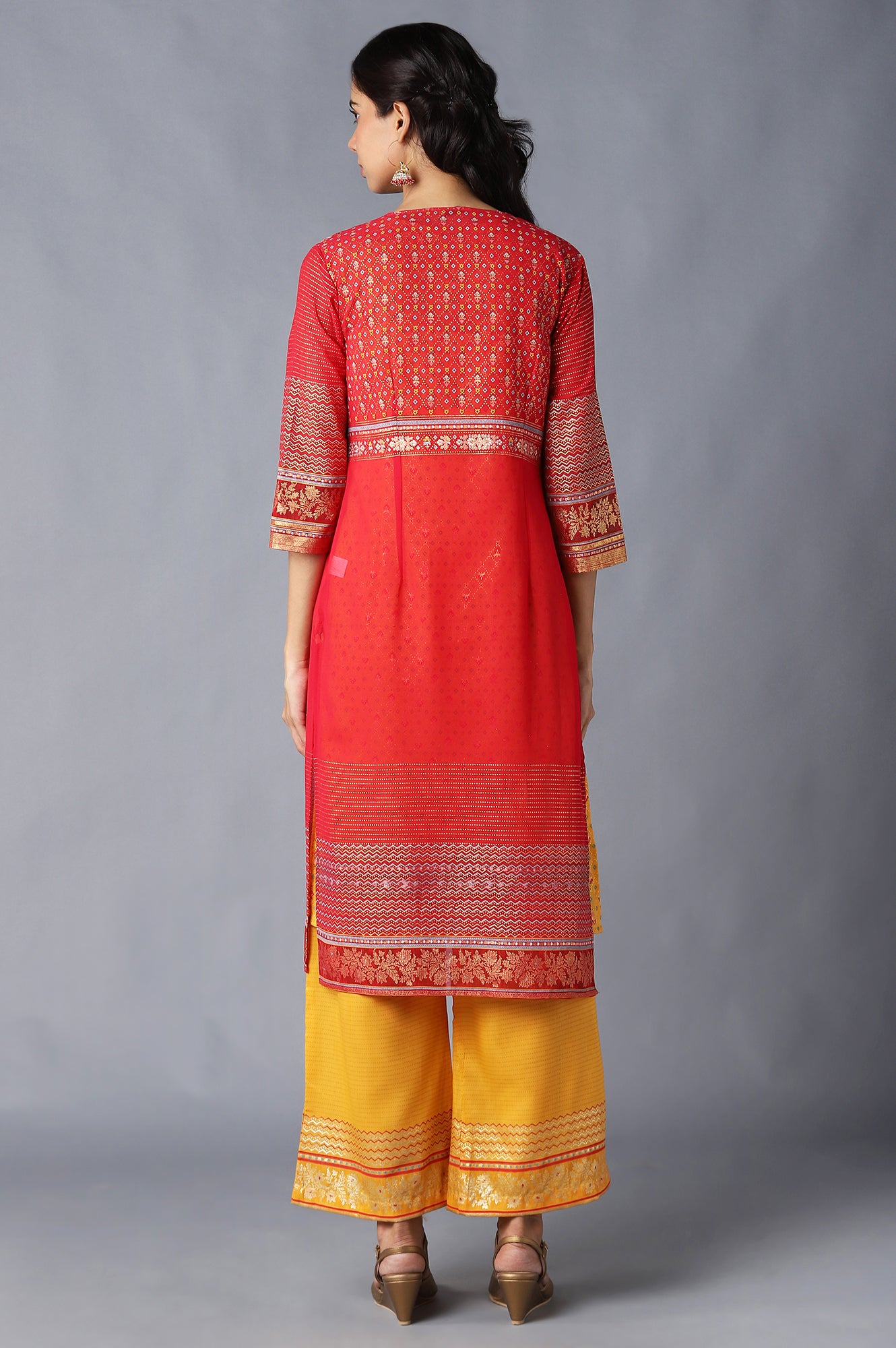 Red Gilet, Yellow Kurta And Palazzo Set