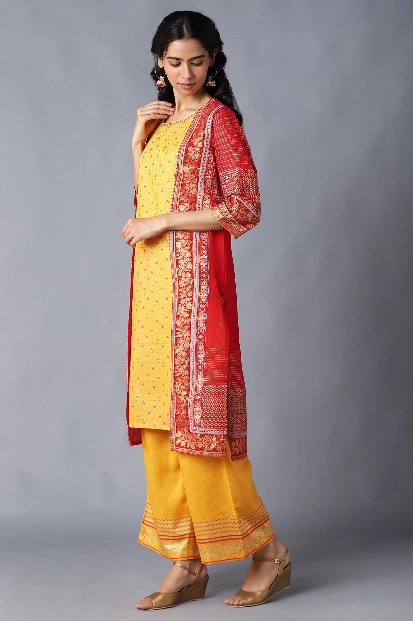 Red Gillet, Yellow kurta and Palazzo Set