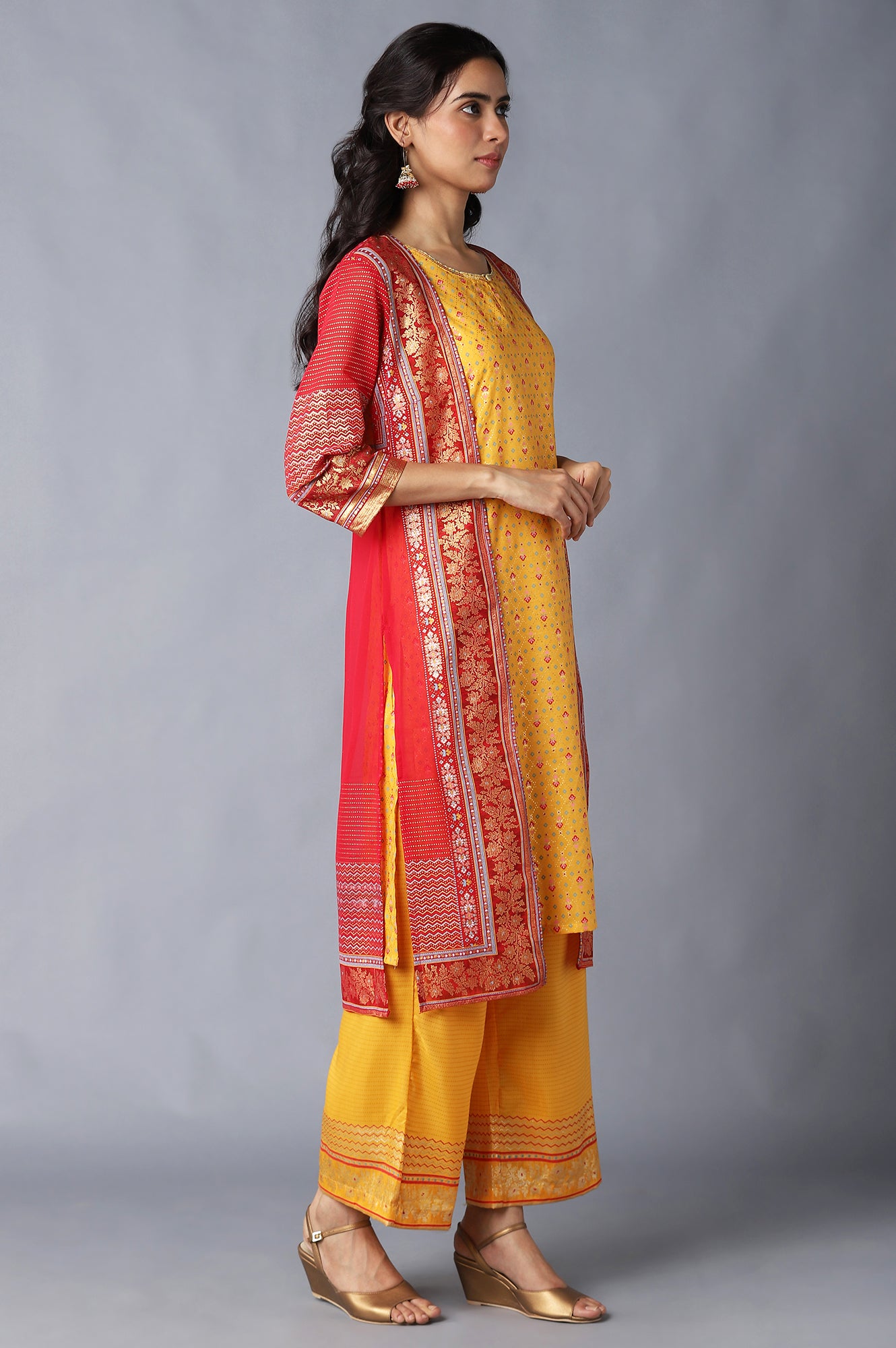 Red Gillet, Yellow kurta and Palazzo Set