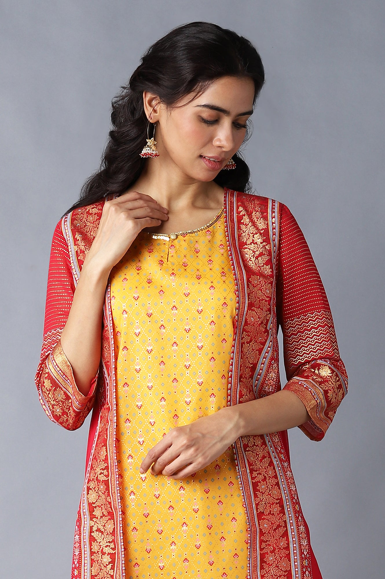 Red Gillet, Yellow kurta and Palazzo Set