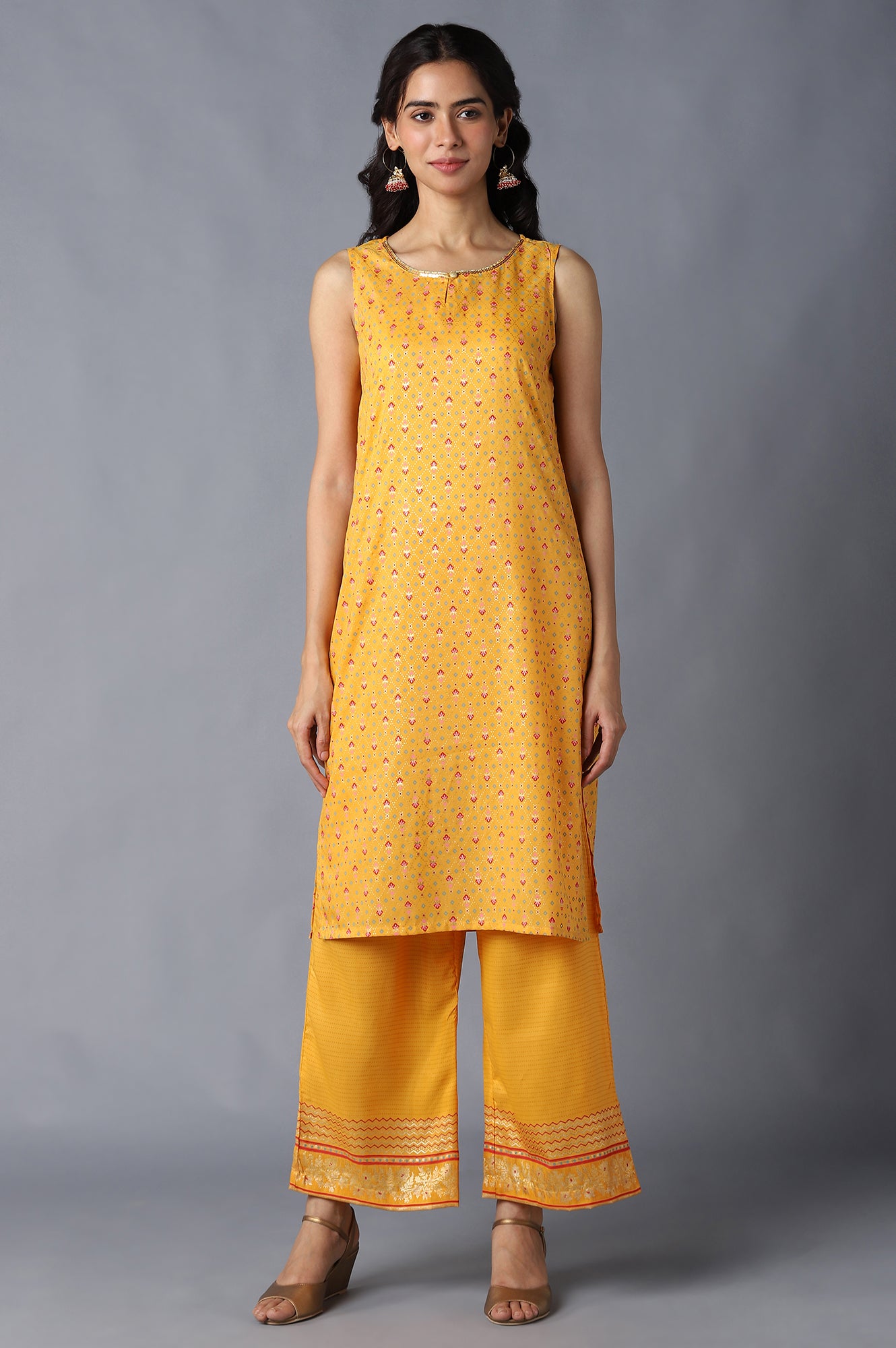 Red Gillet, Yellow kurta and Palazzo Set