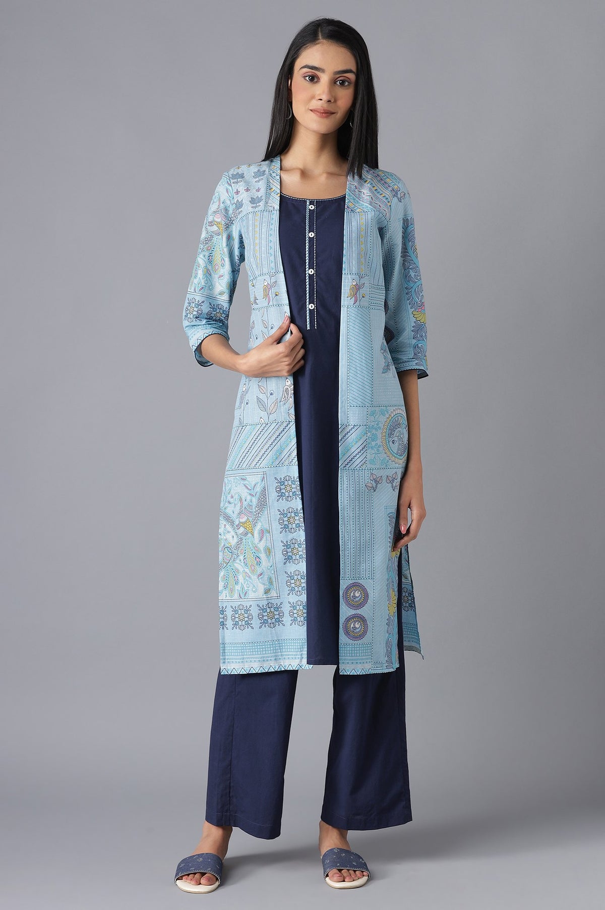 Blue kurta and Navy Palazzo Set - XS