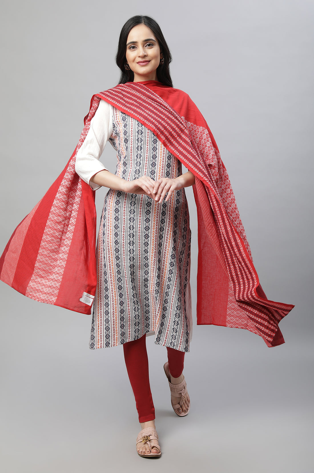 White Printed Kurta, Tights &amp; Dup