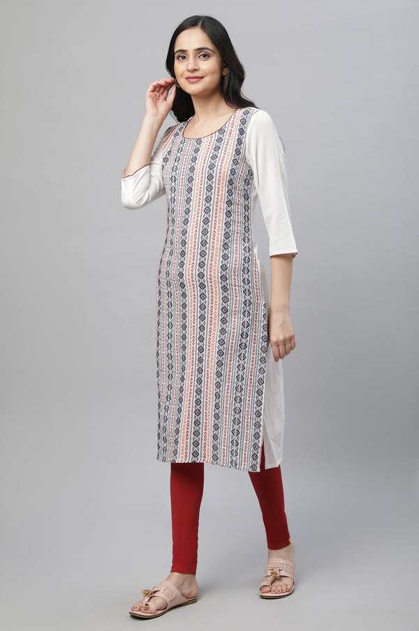 White Printed Kurta, Tights & Dup